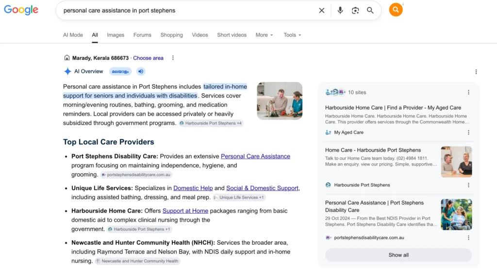Google AI Overview featuring Port Stephens Disability Care as a leading personal care assistance provider in Port Stephens search results.