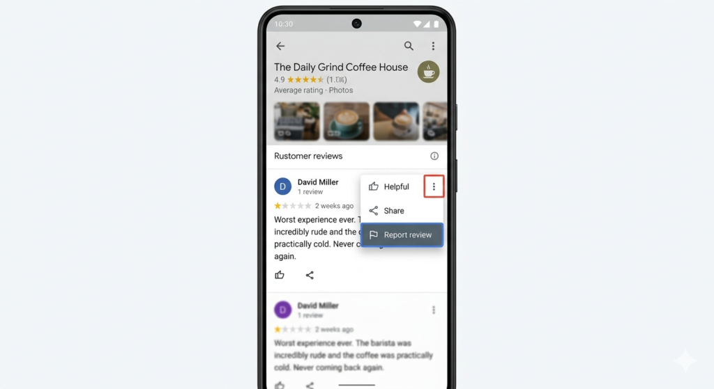 how to report fake Google review — Google Business Profile dashboard flag option Caption: Use the three-dot menu next to any review to flag it directly from your GBP dashboard.