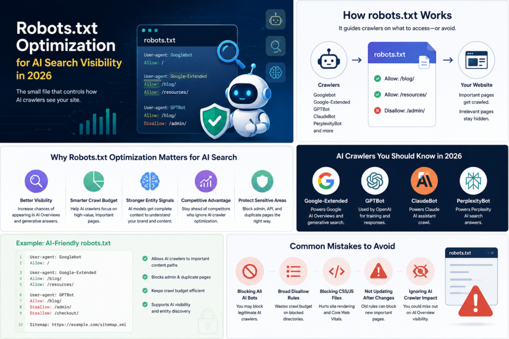 Infographic explaining robots.txt optimization for AI search visibility in 2026, featuring AI crawlers like Google-Extended, GPTBot, ClaudeBot, and PerplexityBot, example robots.txt directives, common mistakes, crawl budget optimization, and AI-friendly SEO best practices for improving visibility in AI Overviews and generative search.