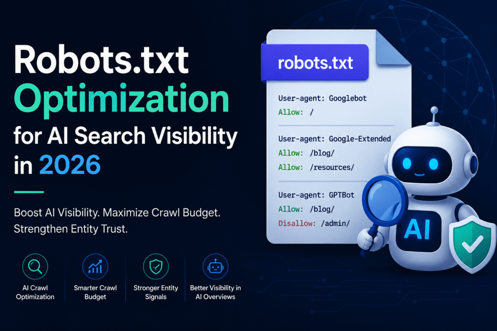 Cover image for a blog about robots.txt optimization for AI search visibility in 2026, featuring AI crawlers, robots.txt directives, crawl budget optimization, and AI SEO concepts with a futuristic robot illustration.