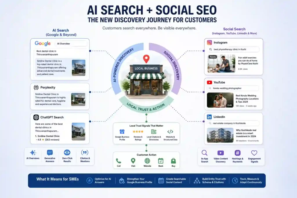 Diagram explaining how Google AI Overviews, ChatGPT Search, Instagram, YouTube, and LinkedIn influence local business discovery.
