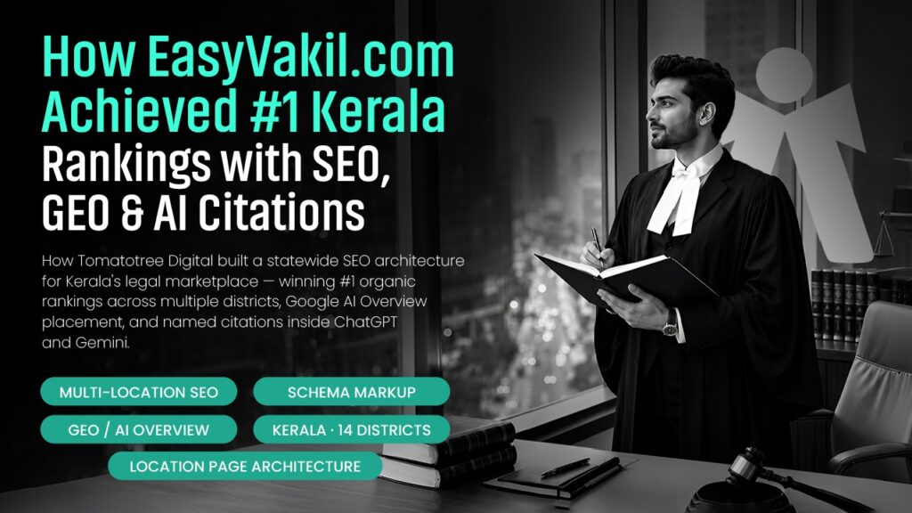 Easyvakil.com legal marketplace case study featuring a lawyer in Kerala, showcasing #1 Google rankings, AI Overview placement, and AI citation visibility across multiple districts through SEO, GEO, and schema markup.