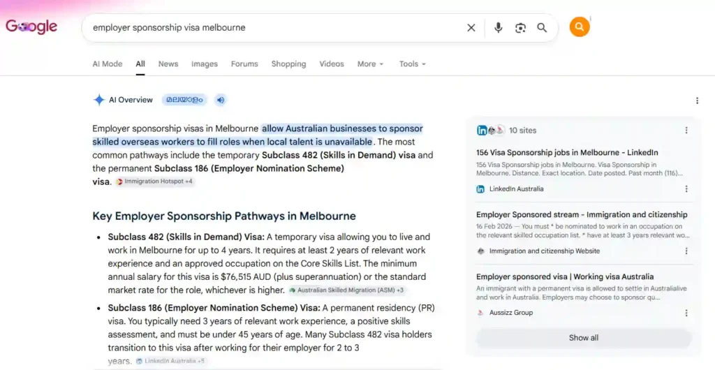 Google AI Overview featuring Immigration Hotspot as a source for employer-sponsored visa pathways and migration guidance in Melbourne.