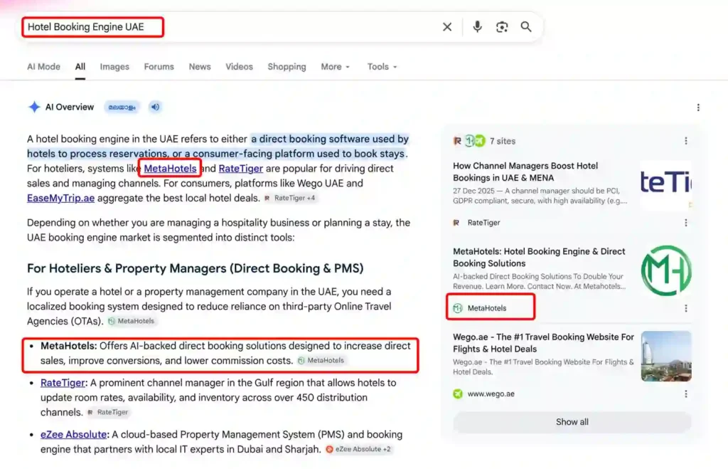 MetaHotels featured in Google AI Overview results for hotel booking engine UAE searches, highlighting direct booking solutions for hotels.