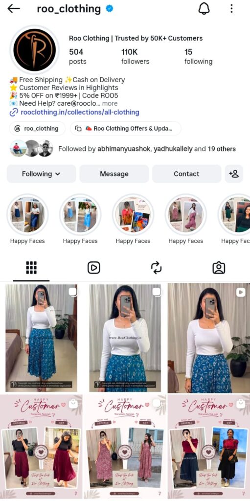Roo Clothing Instagram profile featuring customer-led content, product showcases, and a growing organic community.