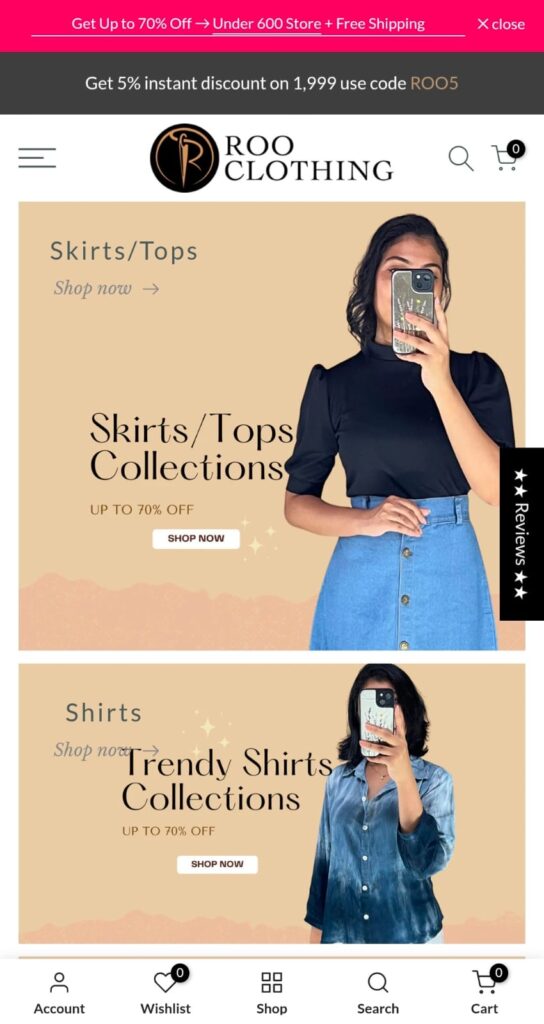 Roo Clothing eCommerce website displaying curated women's fashion collections and product categories.